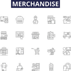Merchandise line vector icons and signs. Products, Commodities, Items, Wares, Stock, Supplies, Apparel, Accessories outline vector illustration set