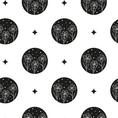 Seamless pattern with full moon, stars and wildflowers.