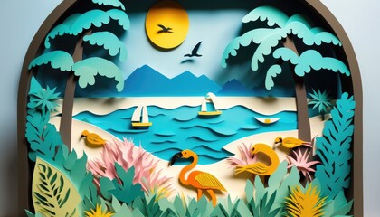 Fototapeta na wymiar A Tropical Beach in Cut Paper Craft Style