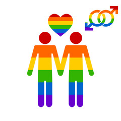 Gay marriage rainbow homosexual couple holding hands flat vector icon. Vector logo for web design, mobile and infographics. Vector illustration eps10. Isolated on white background.