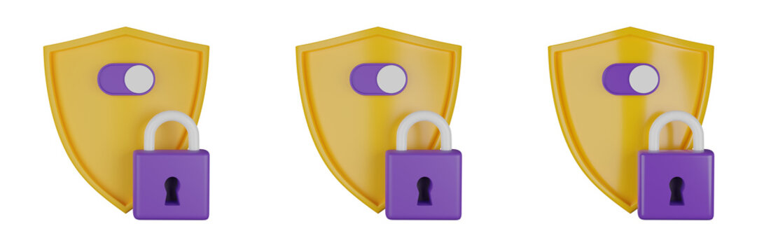 3D shield secure icon, lock password authentication render concept, secret personal data protection. Antivirus badge, internet fraud security safe clipart, VPN slider button. 3D shield padlock design