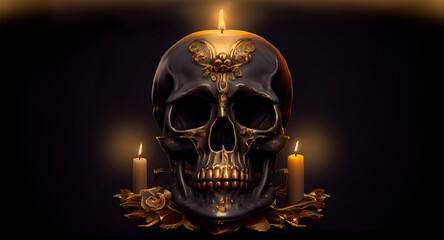 Black skull with gilding and burning candles. Generative AI technology.