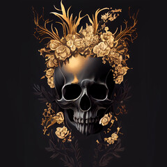 Black skull with golden flowers, botanical elements. Generative AI technology.