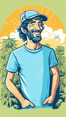 Happy portrait of a young marijuana harvester in front of a green field. Ai generated.