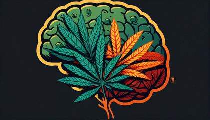 Marijuana and brain. World cannabis day. Effects of cannabis on the human brain. Psychedelic anatomy. - obrazy, fototapety, plakaty