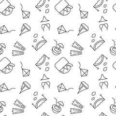 Seamless monochrome repeating pattern of picnic, coconut water, kite, bridge, bikini, slippers
