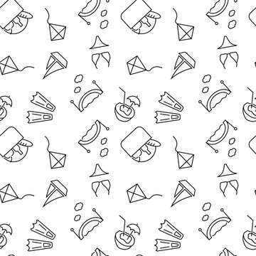 Seamless monochrome repeating pattern of picnic, coconut water, kite, bridge, bikini, slippers