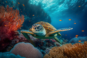 Big turtle swimming, colorful underwater background with coral riffs, AI generated