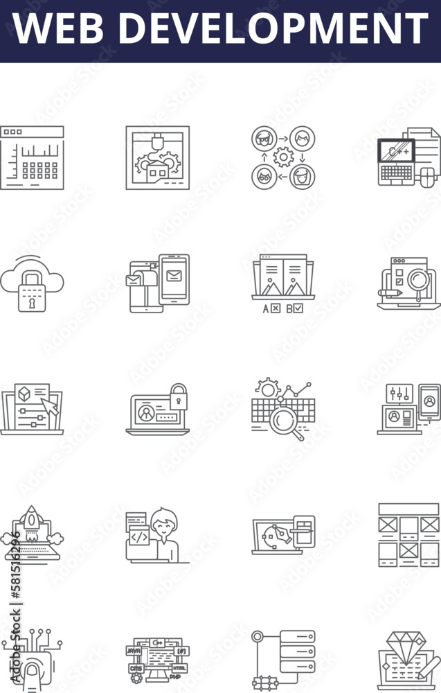 Fototapete web development line vector icons and signs. development, html, css, javascript, jquery, php, node, 