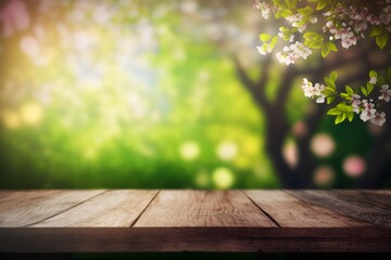 Wooden surface mock up with blurred blossom spring trees