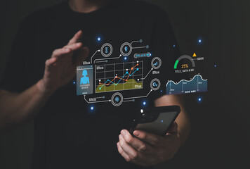 young entrepreneur using big data analysis and cloud technology to collect customer data and display on application dashboard from digital tablet to understand sale forecast and marketing plan.	