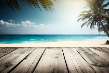 Fototapeta premium Wooden mockup template surface with blurred palms and ocean on the background