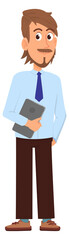 Man in formal clothes holding tablet. Office worker character