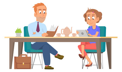 Man and woman having breakfast together. People at morning