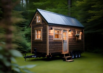 Wooden tiny micro house on wheel in the middle of the forest. Generative AI