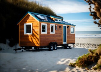 Wooden tiny house on wheel parked on the beach. Seaside. Generative AI