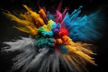 Obraz na płótnie Canvas An image of a multicolor powder explosion on a black background, with a realistic photo of a seamless texture. Generative AI