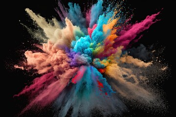 Obraz na płótnie Canvas An image of a multicolor powder explosion on a black background, with a realistic photo of a seamless texture. Generative AI