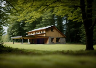 Modern contemporary wooden house in the forest. Generative AI