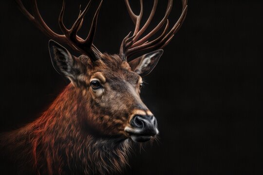 Black backdrop with a portrait of a red deer. Generative AI