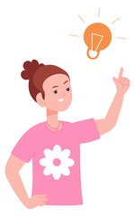 Girl having idea. Kid pointing at lightbulb icon
