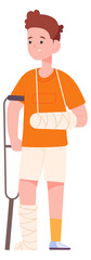 Fototapeta premium Injured boy with broken bones and limb bandages