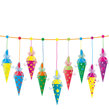 Bunte Schult&uuml;ten h&auml;ngend an einer W&auml;scheleine