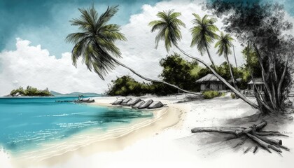 Fototapeta na wymiar a peaceful tropical beach in a drawing style.