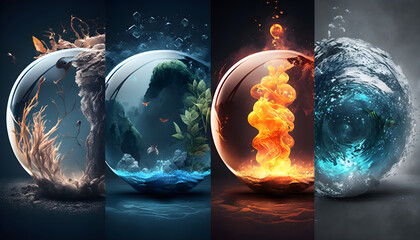  4 elements, background image in a mixed style, dark background and colorful colors.