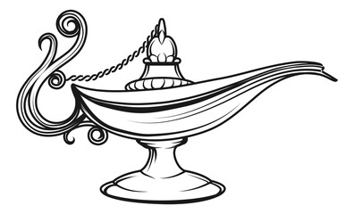 Genie lamp drawing. Vintage fantasy myth icon