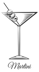Martini glass drawing. Cocktail alcohol menu engraving