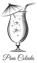 Pina colada drawing. Cocktail menu drink engraving