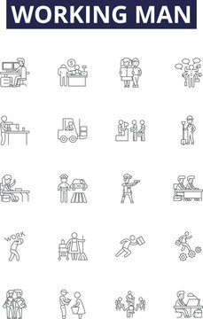 Working man line vector icons and signs. Worker, Employed, Manual, Operative, Operate, Craftsman, Artisan, Ply outline vector illustration set