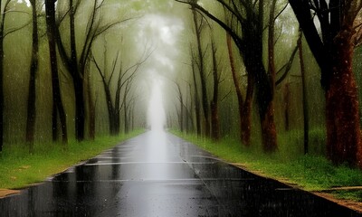 Road through a forest in the rain