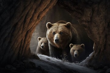 In the winter, a brown bear (Ursus arctos) with two cubs peers out of its cave beneath a large rock in the woods. Generative AI