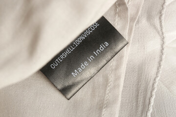 Fabric composition label, viscose fabric, made in India.