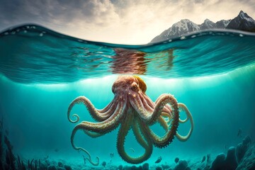 giant octopus sea with powerful tentacles in clear sea water, created with generative ai - obrazy, fototapety, plakaty