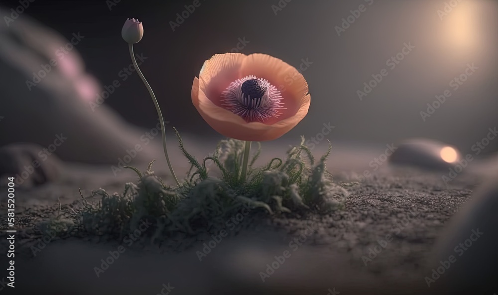 Poster a single flower sitting in the middle of a field of grass with a light shining on the ground in the 