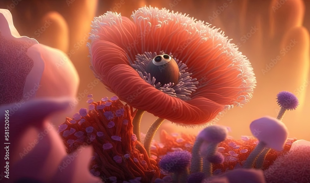 Poster  an illustration of a flower with a bug in the middle of it's petals and a bug in the middle of the flower petals.  generative ai