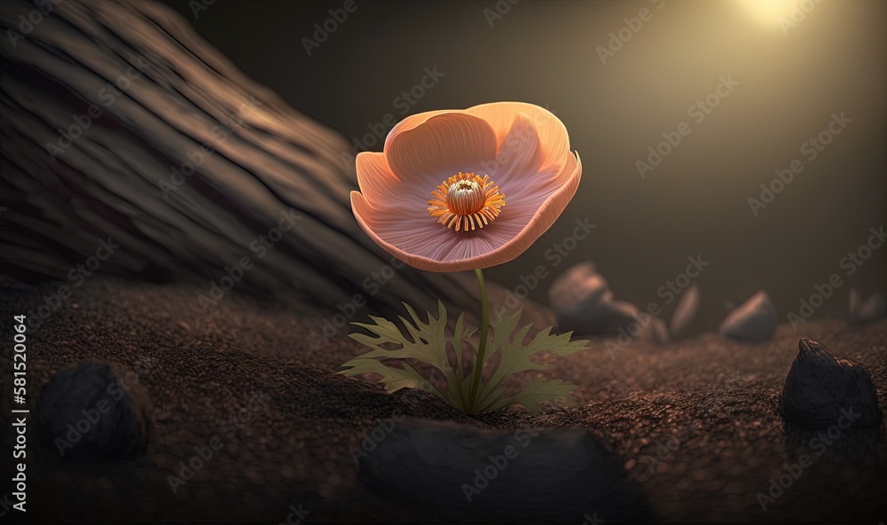 Poster a single flower sitting in the middle of a field of dirt and rocks with a bright light shining on th