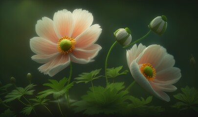  three pink flowers with green leaves on a dark background, with a green background and a white flower in the center of the picture, with a yellow center.  generative ai