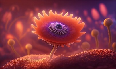  an illustration of a strange flower in the middle of a field of grass and flowers in the background, with a purple and orange flower in the center.  generative ai