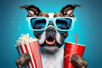 Dog in 3d glasses with soft frink and popcorn, concept of cinema background, AI generated