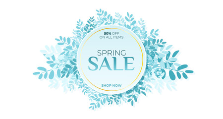 Spring sale banner template with blue leaves.