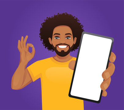 Handsome man smiling showing blank phone screen gesturing ok sign on purple background vector illustration 