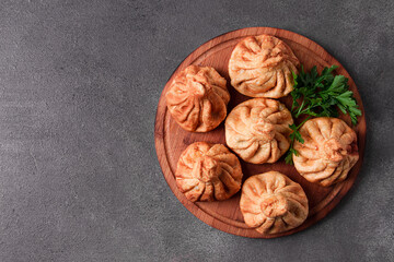 Deep-fried khinkali, khinkali with meat, traditional Georgian dish, no people,