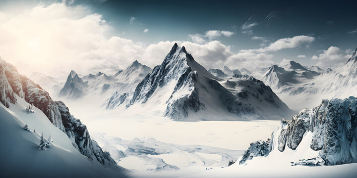 Panorama of snow Alps mountains, AI generated