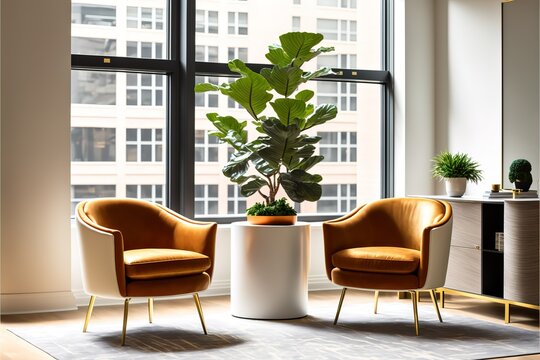 Interior photography of a contemporary corporate reception waiting for the area with tan leather armchairs and a gold metal coffee table, fiddle leaf fig planter boxes, and a city, AI generated 