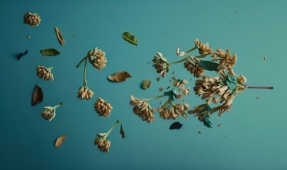  a bunch of dead flowers floating in the air on a blue background with a few dead leaves on the bottom of the petals and the petals.  generative ai