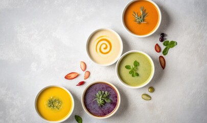  four bowls of different colored soup on a white surface with a sprig of green on top of the bowls and a sprig of green on the side.  generative ai